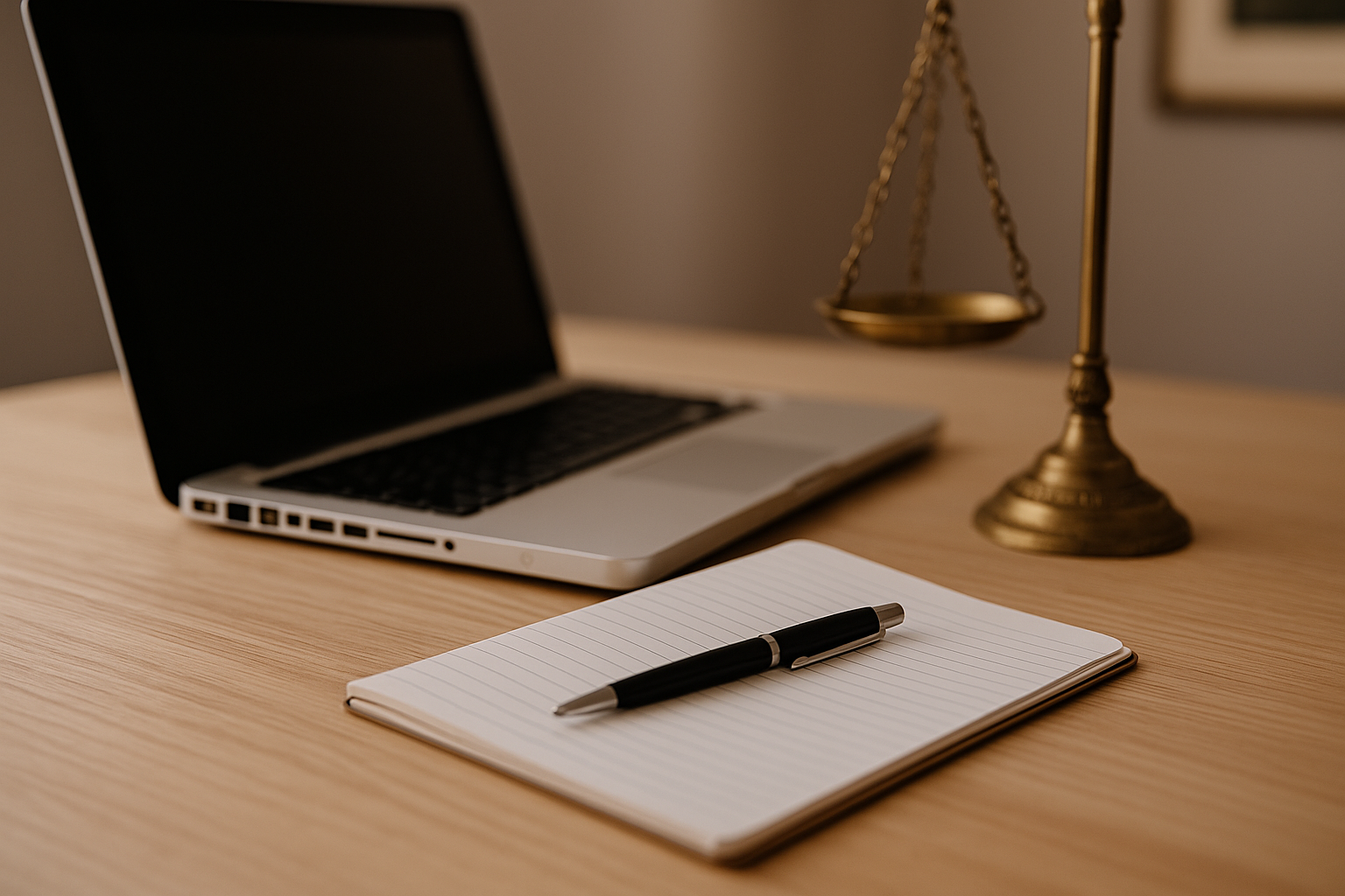 Professional law office desk with laptop, notepad, pen, and justice scales representing Montana bankruptcy and business legal services.