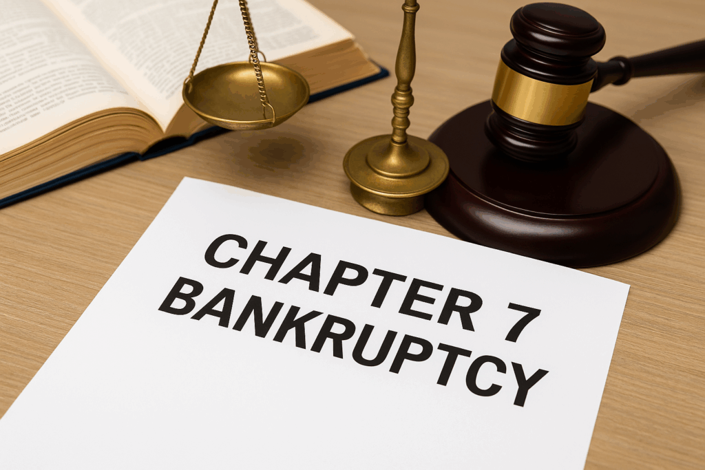 Gavel, scales of justice, and Chapter 7 bankruptcy document on a desk