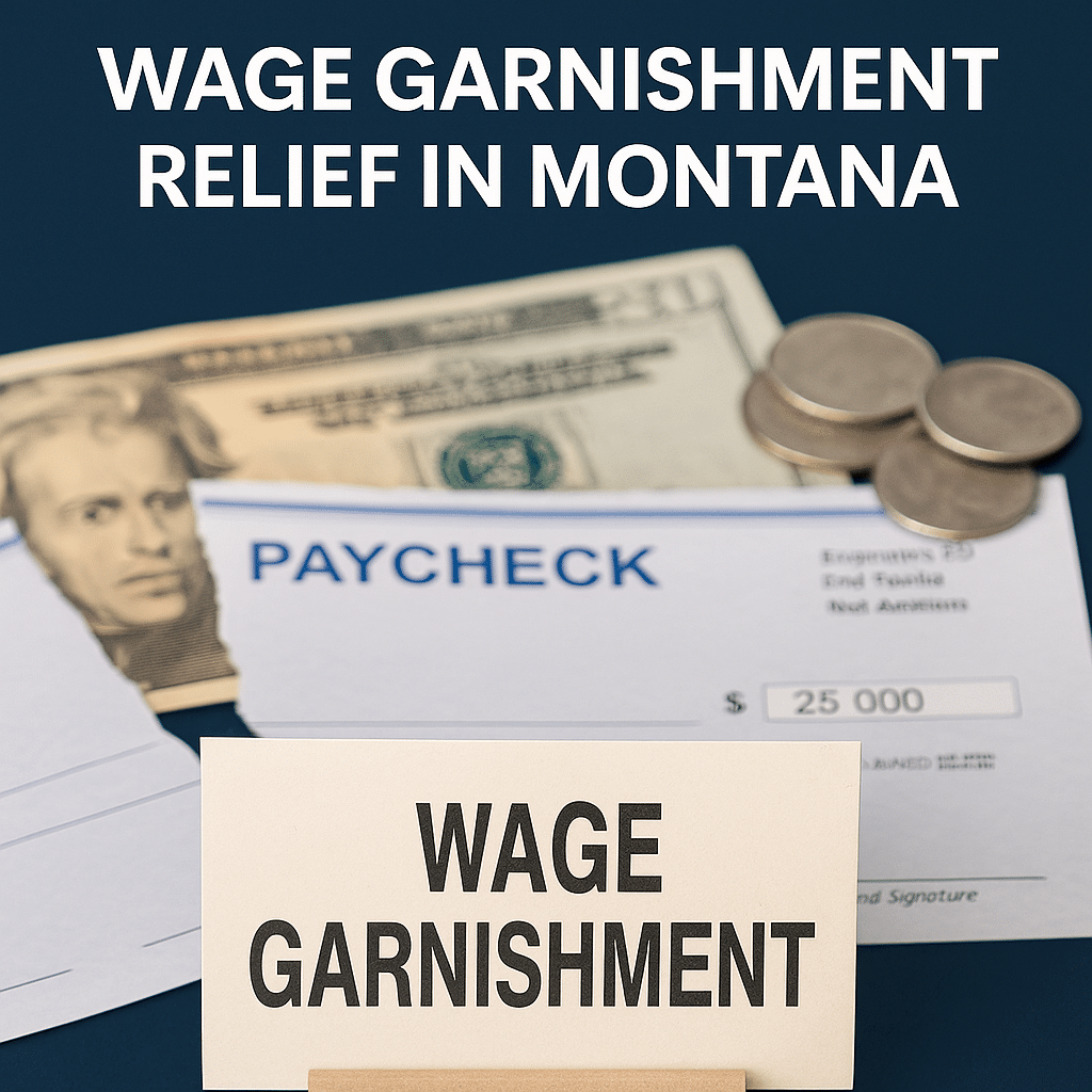 Image representing wage garnishment relief in Montana with paycheck and currency, used by the Law Office of Jeffrey K. Greenwell, PLLC.